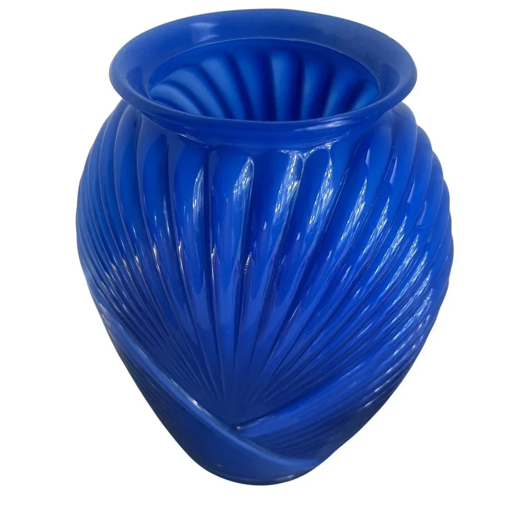 Vintage Glass Vase Blue Swirl Ribbed Decorative Art Deco Boho Contemporary‎ 10